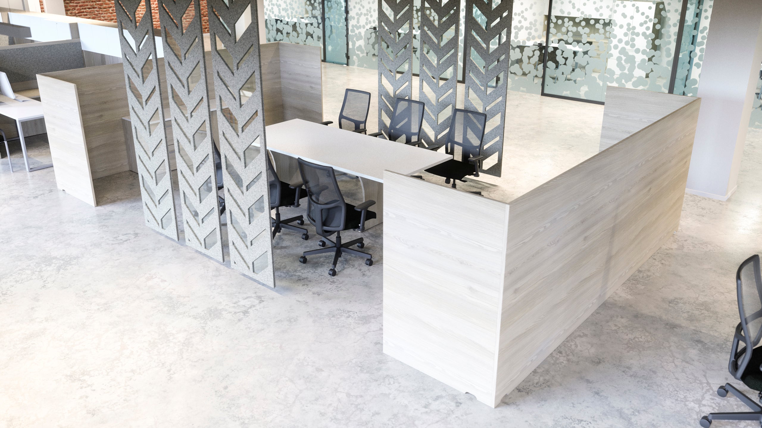 Modern office interior with a large white desk and decorative wall panels.