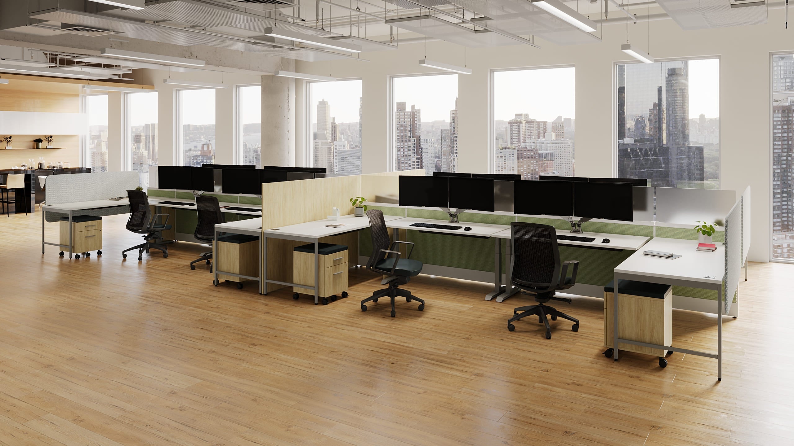 Modern office space with desks, chairs, and large windows overlooking a cityscape.