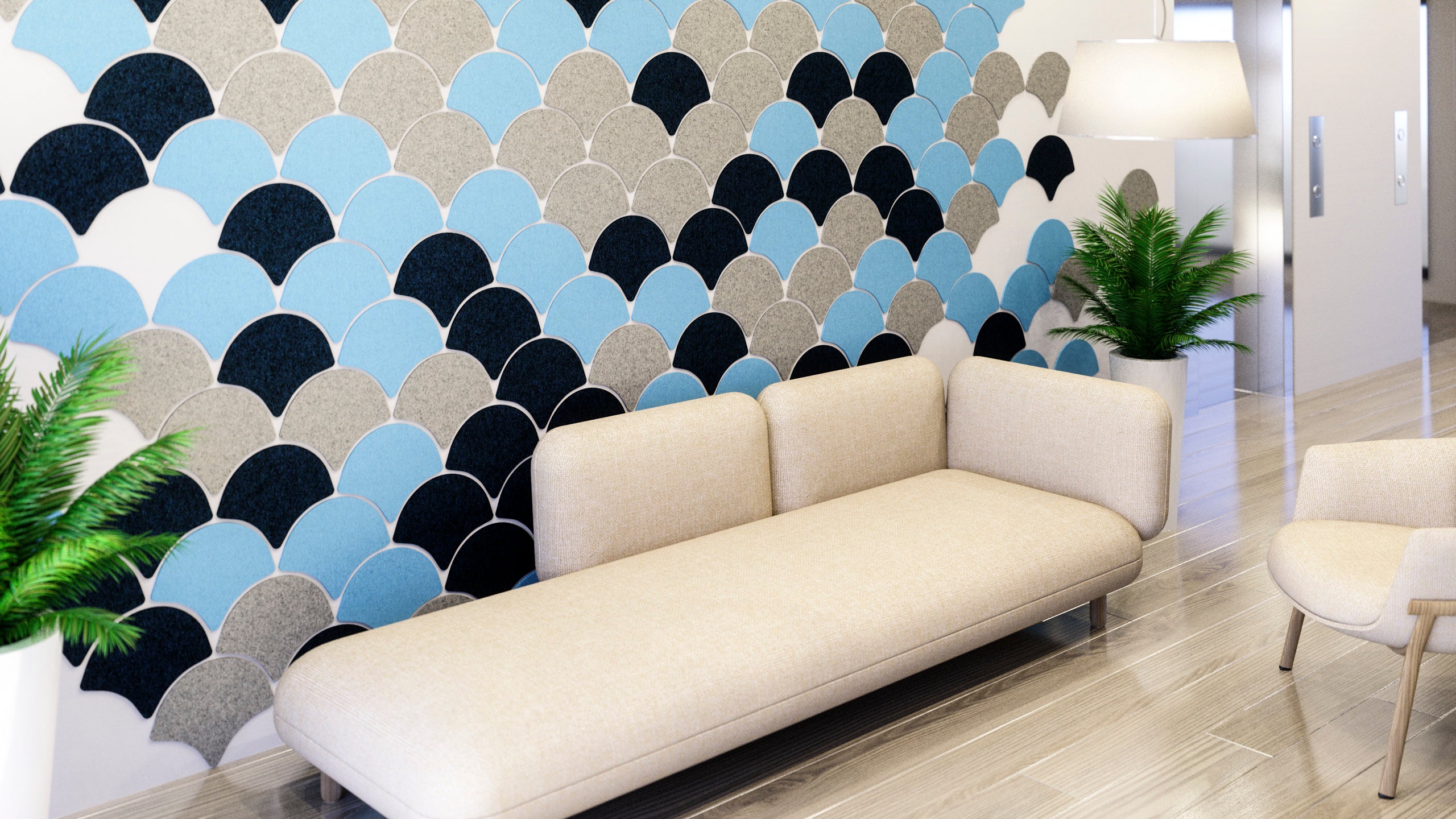 Modern interior with a patterned wall and a beige sofa.