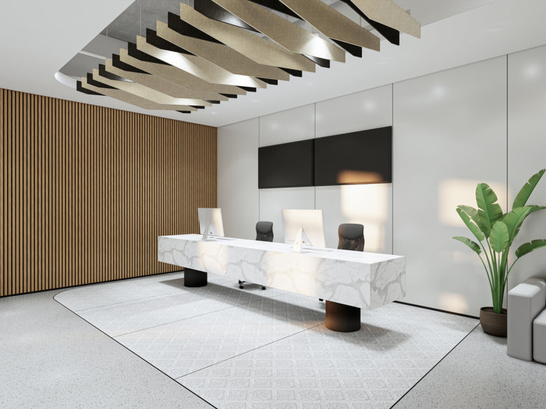Modern office interior with a marble desk and stylish ceiling design.