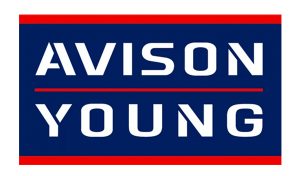 Avison Young logo with blue background and red and white text