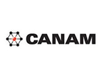 Canam logo with a stylized snowmobile design on a white background