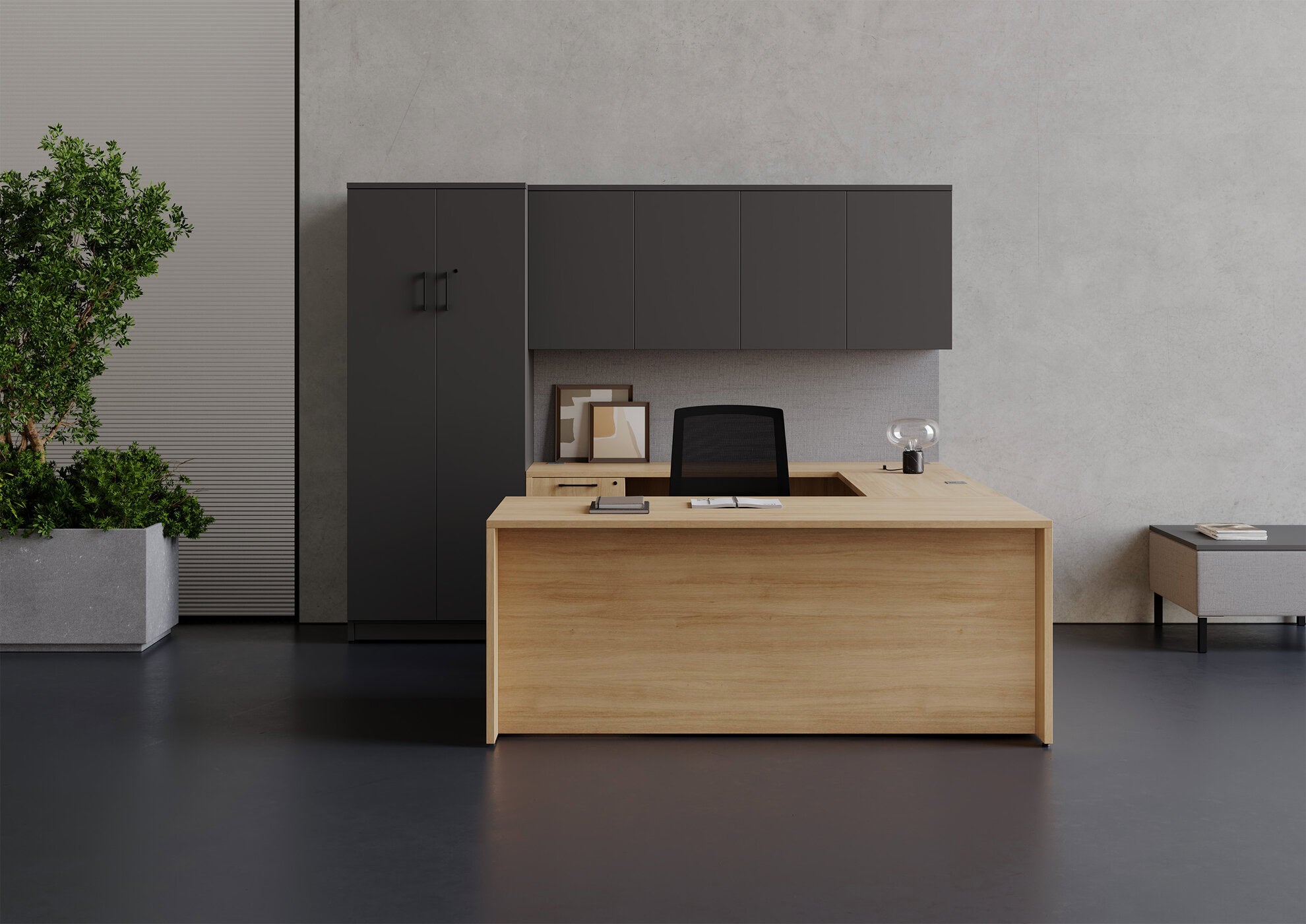 Modern office desk with a chair, plant, and wall-mounted TV in a minimalistic setting.
