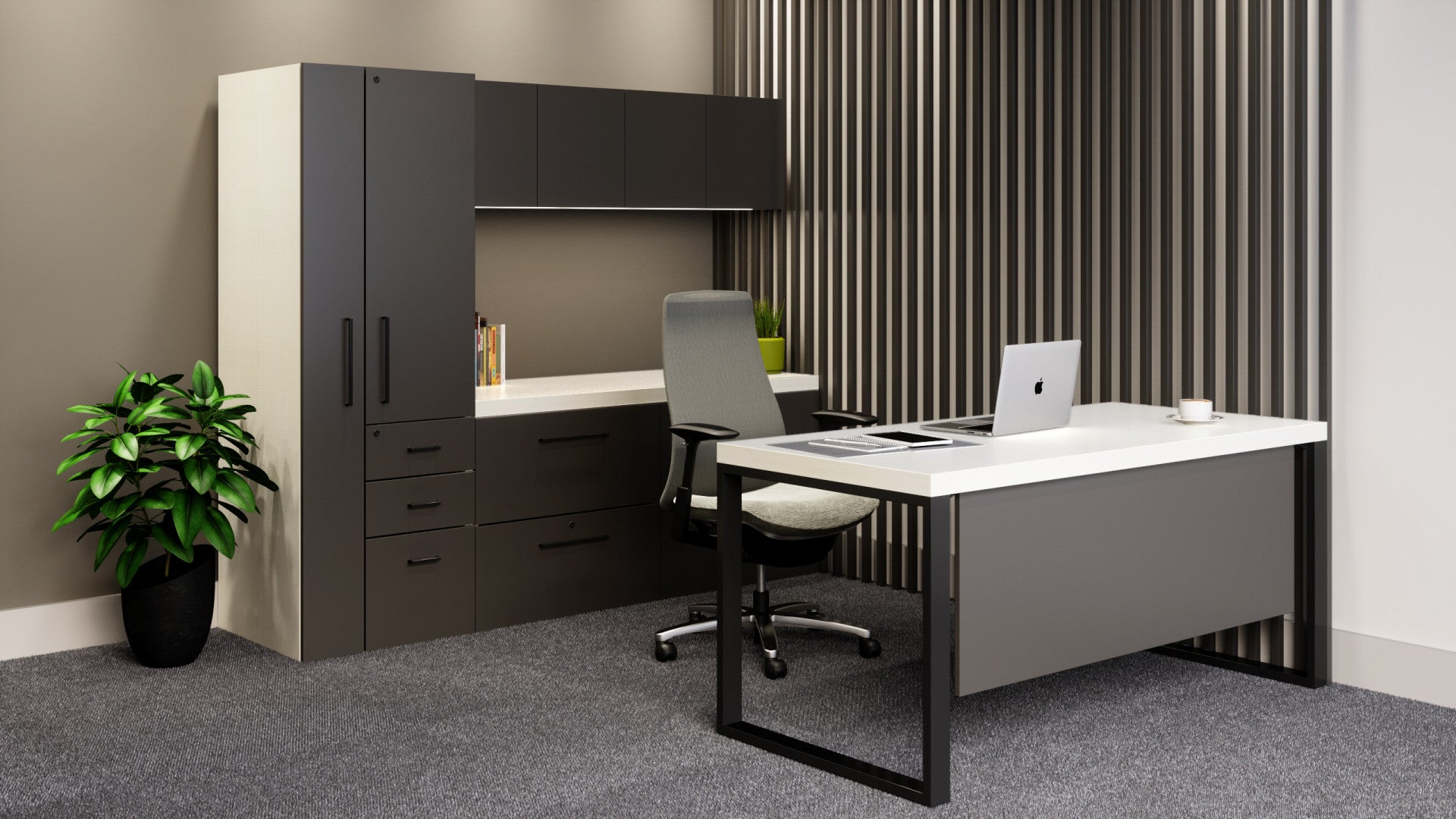 Modern office desk with chair, cabinets, and a plant in an office setting.