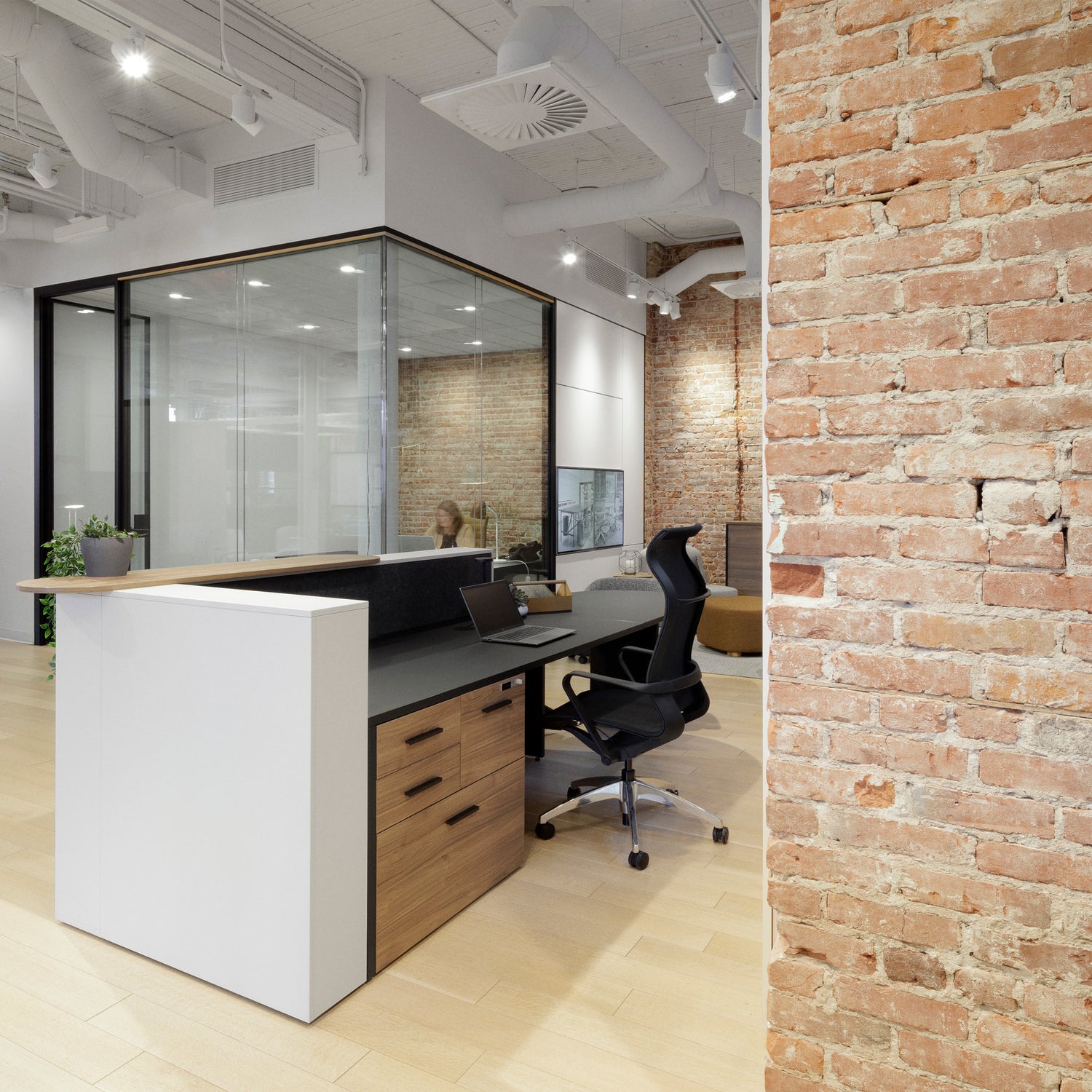 Modern office interior with a reception desk and glass partition.